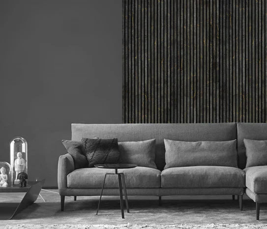 240cm x 60cm Acoustic Slatted Wall Panel Black & Gold Marble