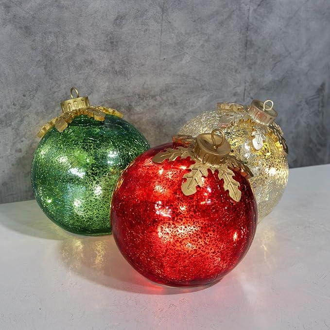 Illuminated Christmas Table Decorations - Pre-Lit Glass Ornament Set of 3 [Take more for less]